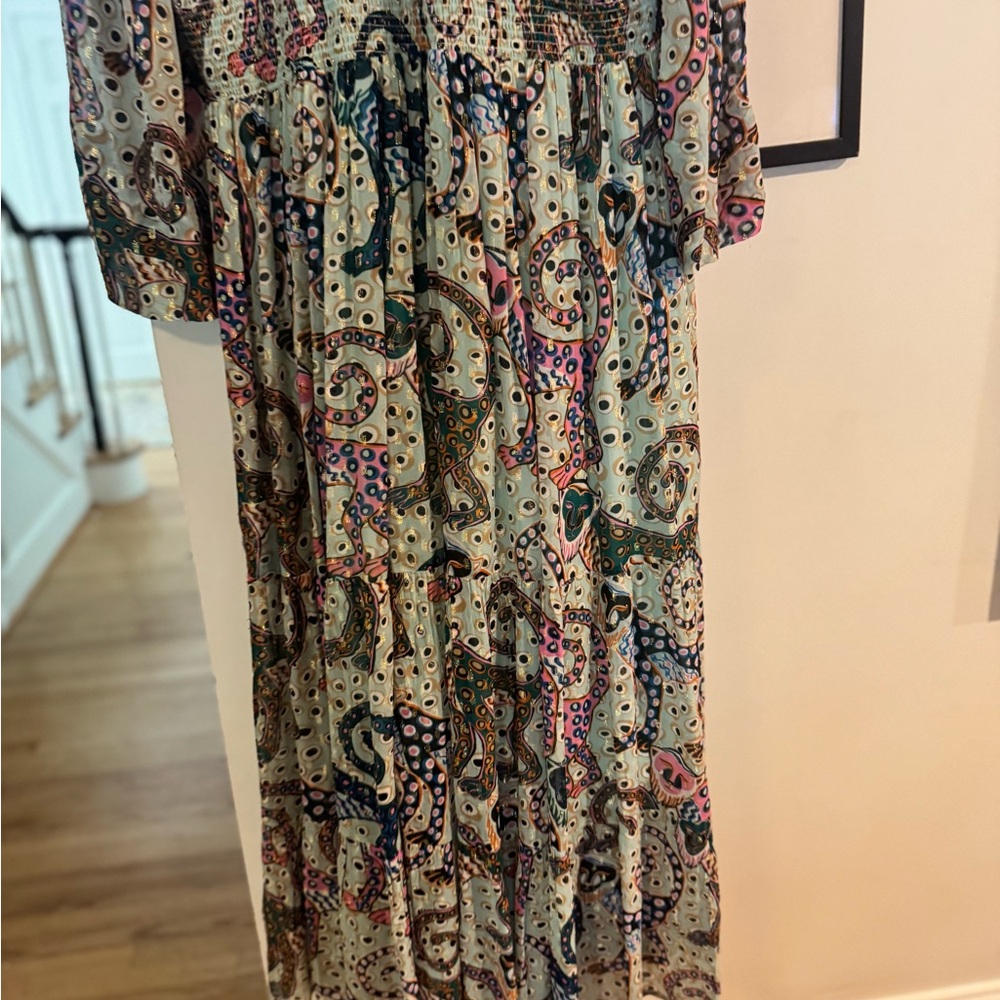Oliphant Multicolor Monkey Maxi Dress Smocked & Shimmery - Picture 11 of 11